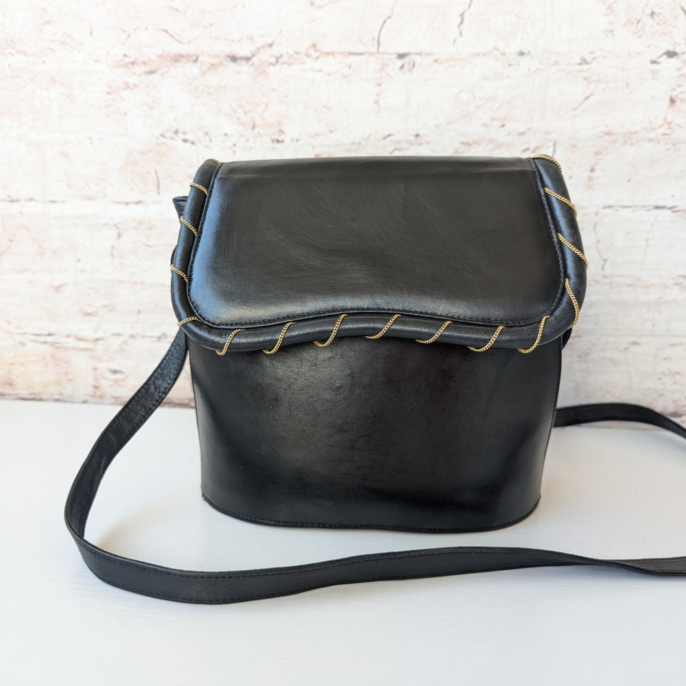 Stuart Weitzman Black Crossbody Bag with Gold Stitching - Picture 2 of 13